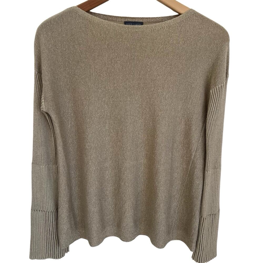 Vince Camuto Metallic Gold Knit Top Relaxed Women’s Small Long Sleeve Festive